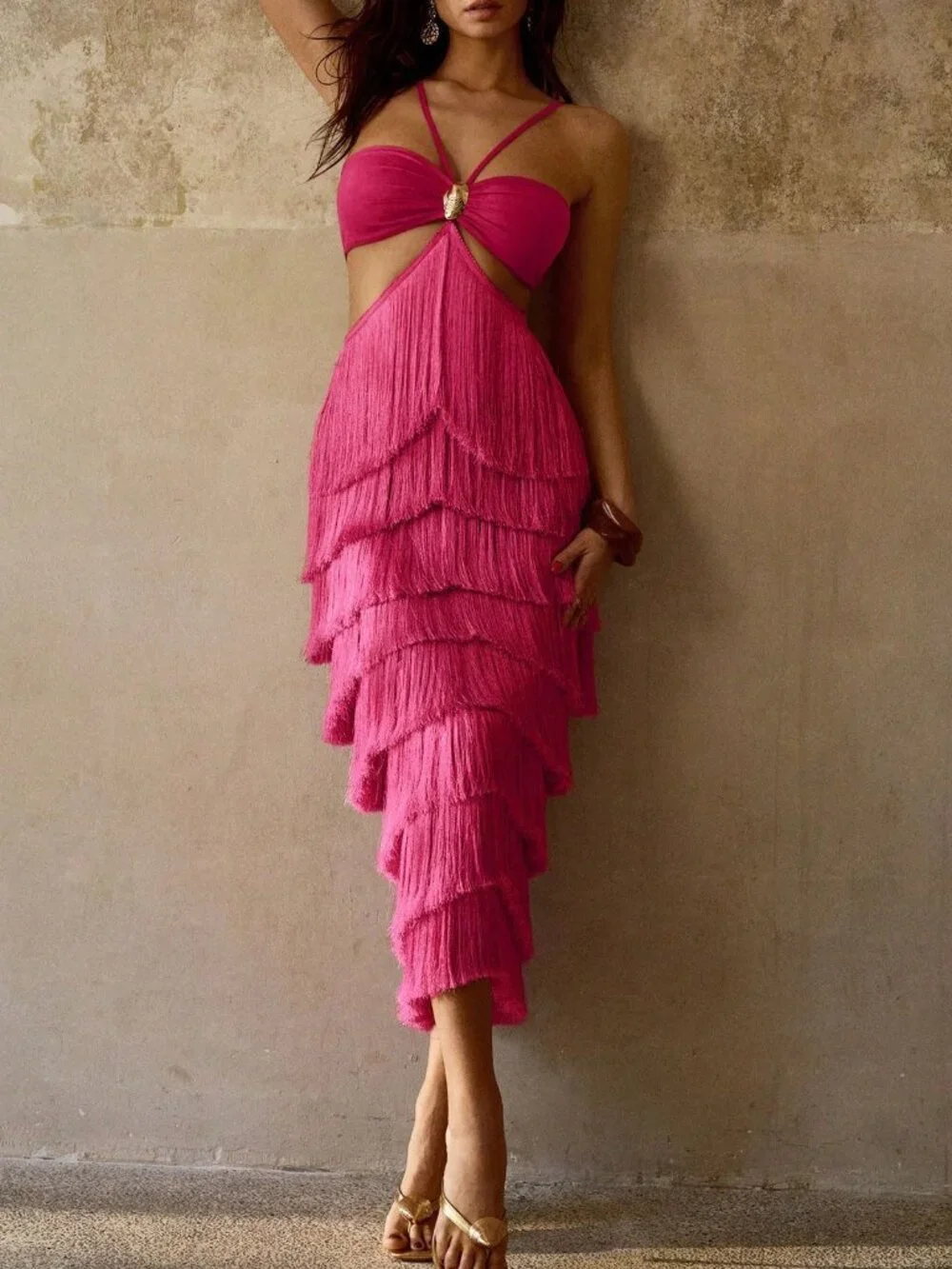 Hot Pink Casual Women's Strapless Cover Up Dress With Metal Decor - Picture 1 of 5